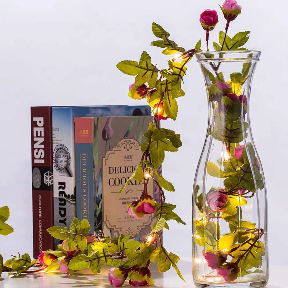 Mağazam Decorative Glass Vase with Fairy Lights and Floral Accents for Home Decor