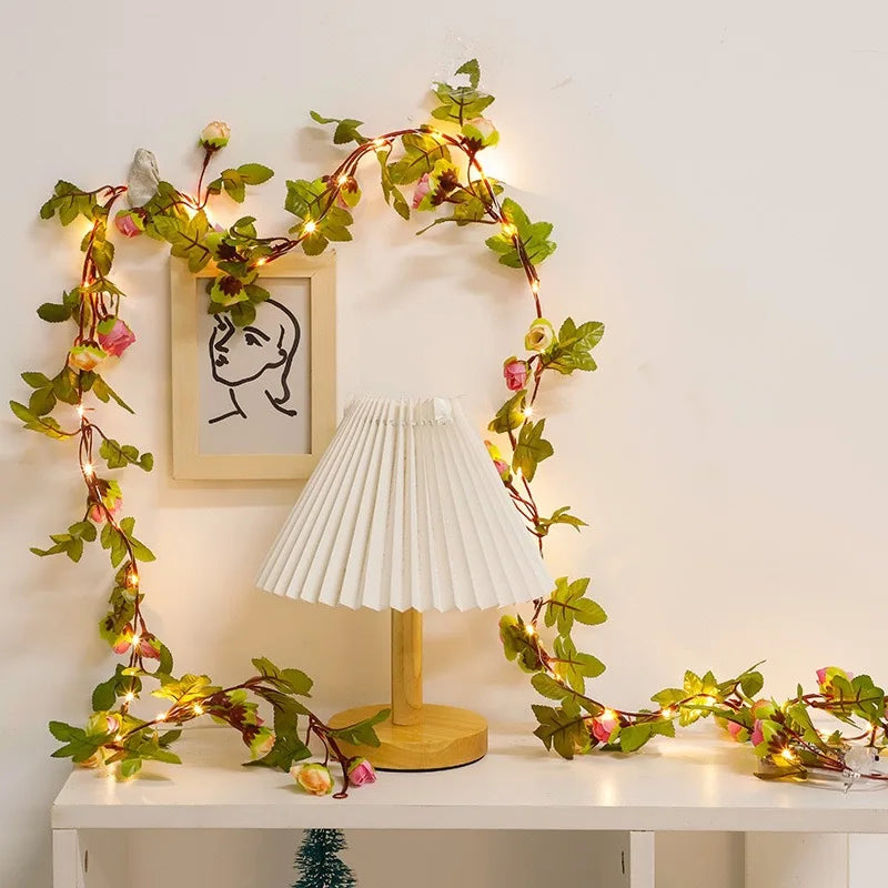 Mağazam Decorative Ivy String Lights with Pink Flowers for Home Decor and Ambient Lighting