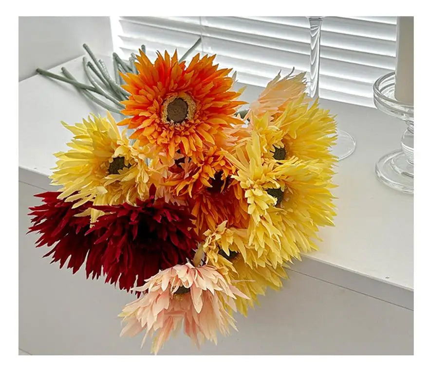 Vibrant bouquet of Gerbera artificial flower 2025 in red, yellow, and peach colors for home decor