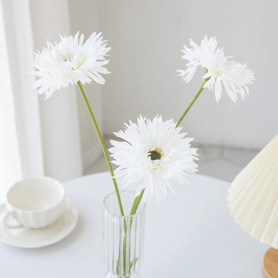 Mağazam Gerbera artificial flower 2025 in a clear vase with three white blooms for home decoration