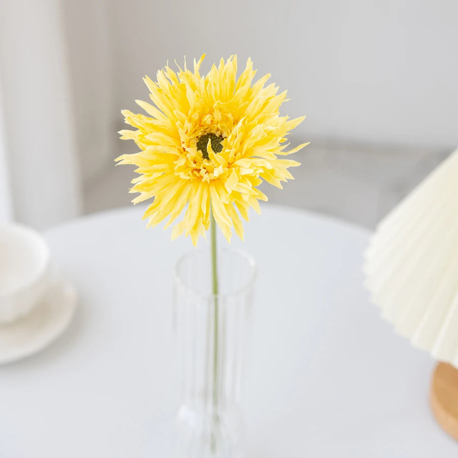 Bright yellow Gerbera artificial flower 2025 in a clear vase for home decor