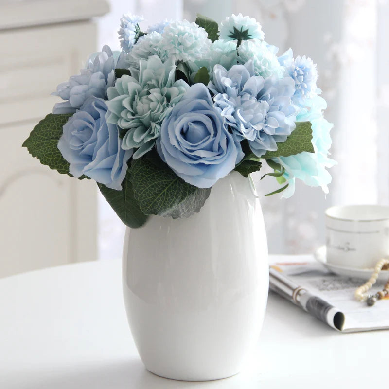 Artificial blue flower bouquet in white vase for home decor by Mağazam