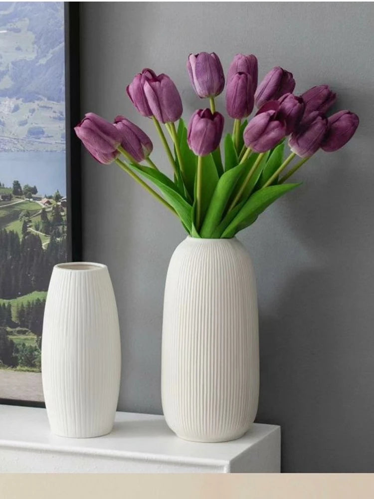 Elegant home decoration ceramic jarrones with purple tulips for stylish interiors