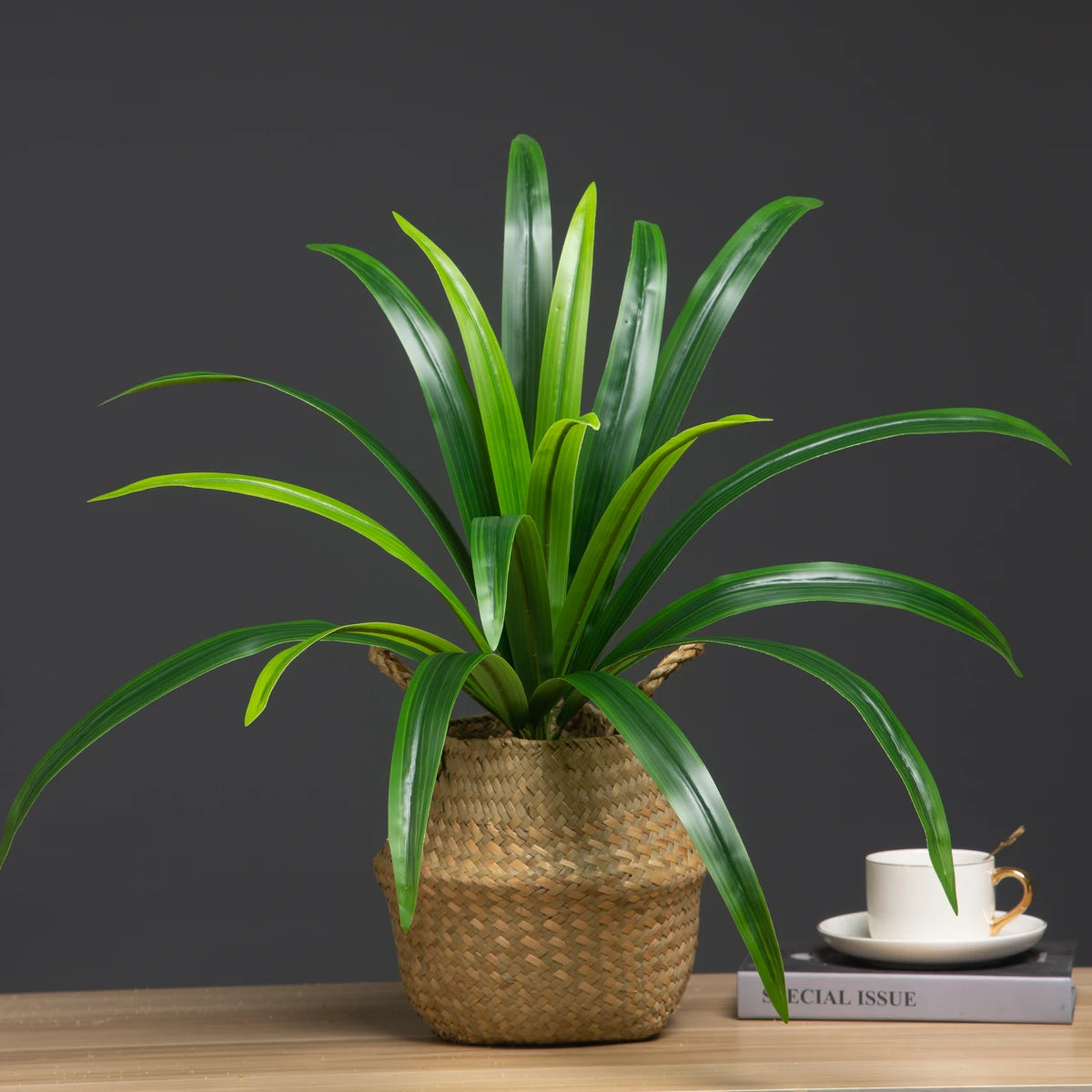 Artificial Green Plant in Woven Basket with Long Leaves for Home Decor