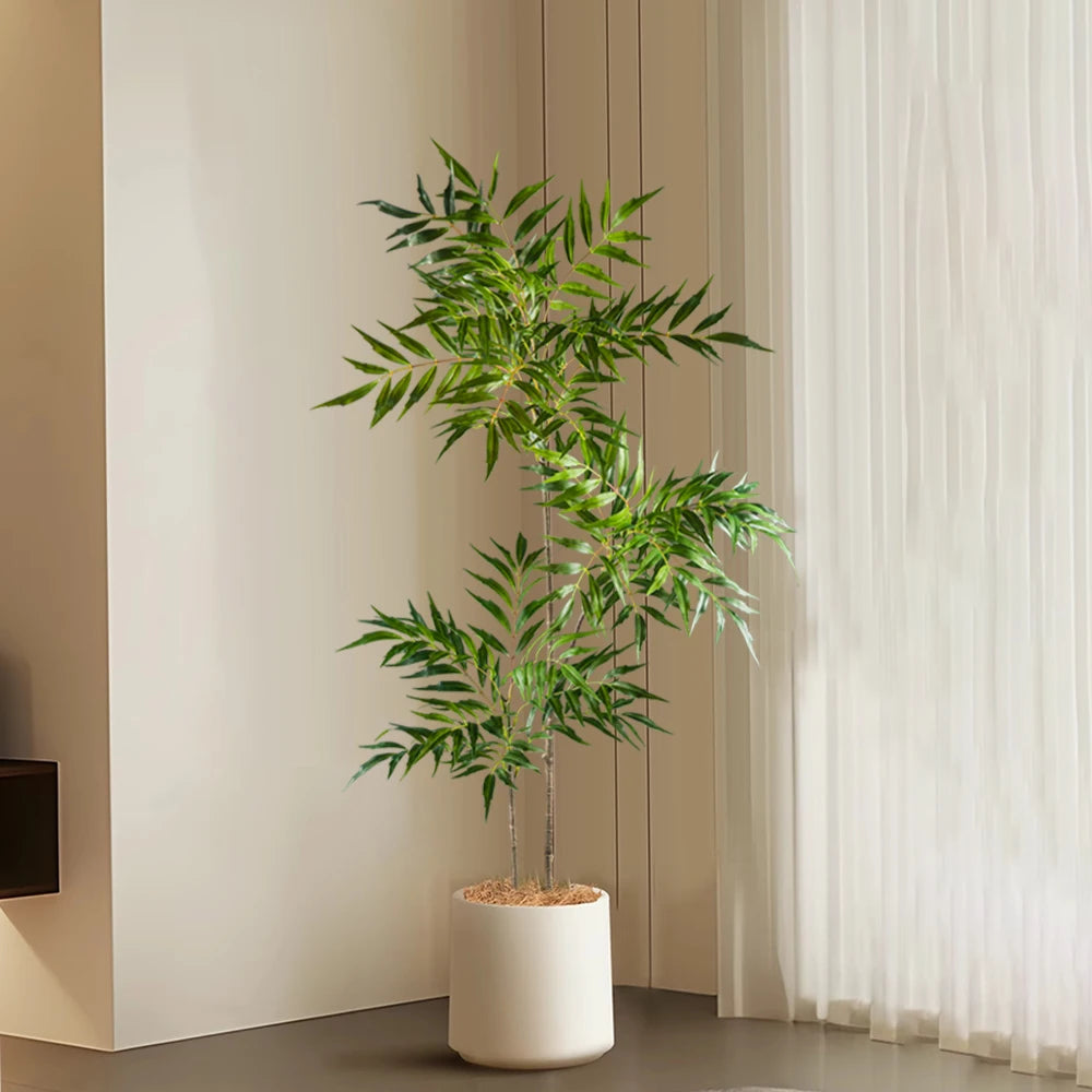 Artificial Potted Bamboo Plant in White Ceramic Pot for Home Decor and Indoor Spaces