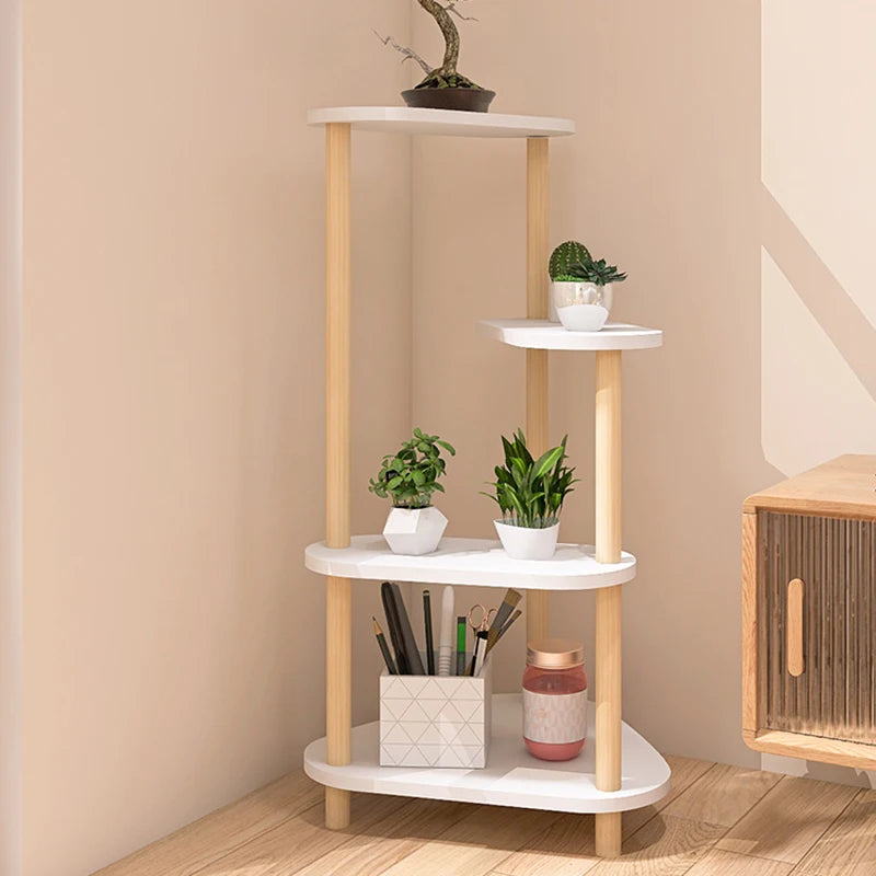 Modern living room flower rack with three tiers showcasing decorative plants and stylish design