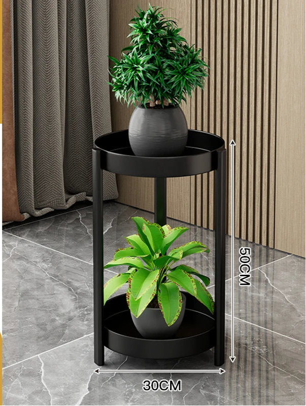 Modern luxury iron plant shelves in black with two-tier design for stylish indoor plant display