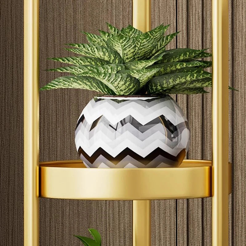Elegant luxury iron plant shelves featuring a decorative pot with greenery