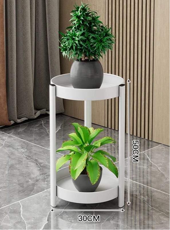 Luxury iron plant shelves in white finish, featuring two round tiers for indoor plants