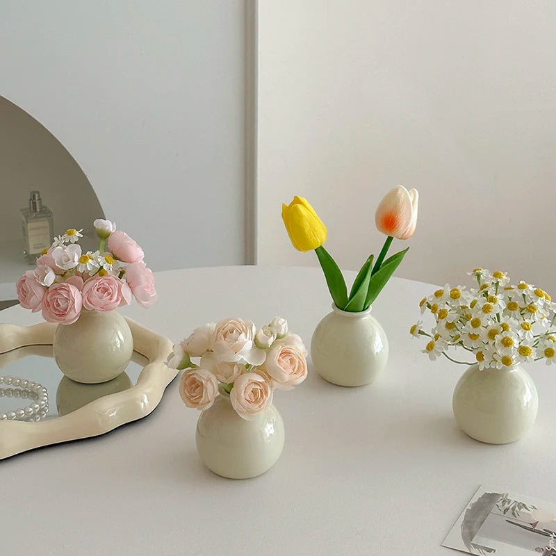 Modern mini flower vase set with assorted faux flowers in pastel colors for home decor