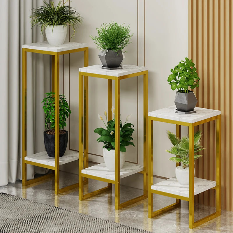 Modern plant shelves with gold frames and marble surfaces, displaying various indoor plants
