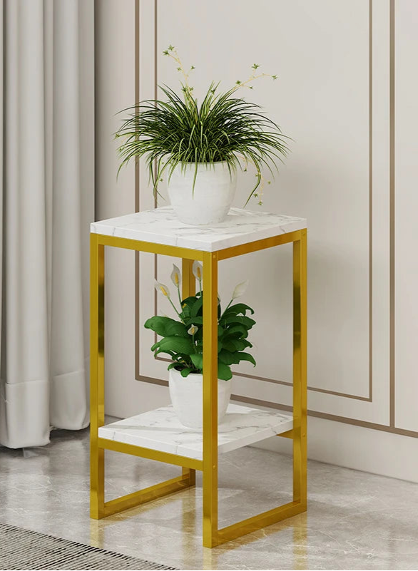 Stylish modern plant shelves with gold frame and white marble top, perfect for indoor plants