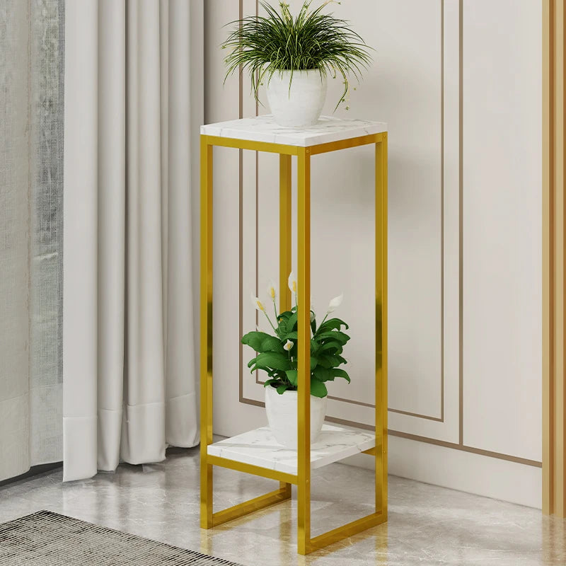 Elegant modern plant shelves with gold frame and white marble top perfect for indoor decor