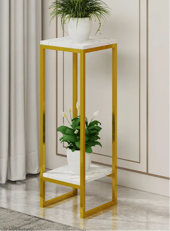 Modern plant shelves with gold frame and marble top, perfect for displaying indoor plants