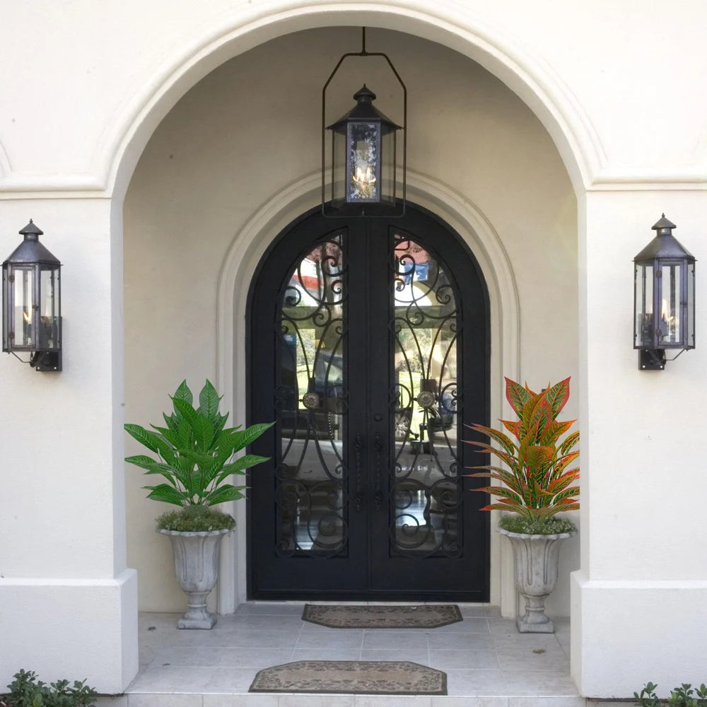 Elegant front entryway featuring black double doors with decorative plants in planters