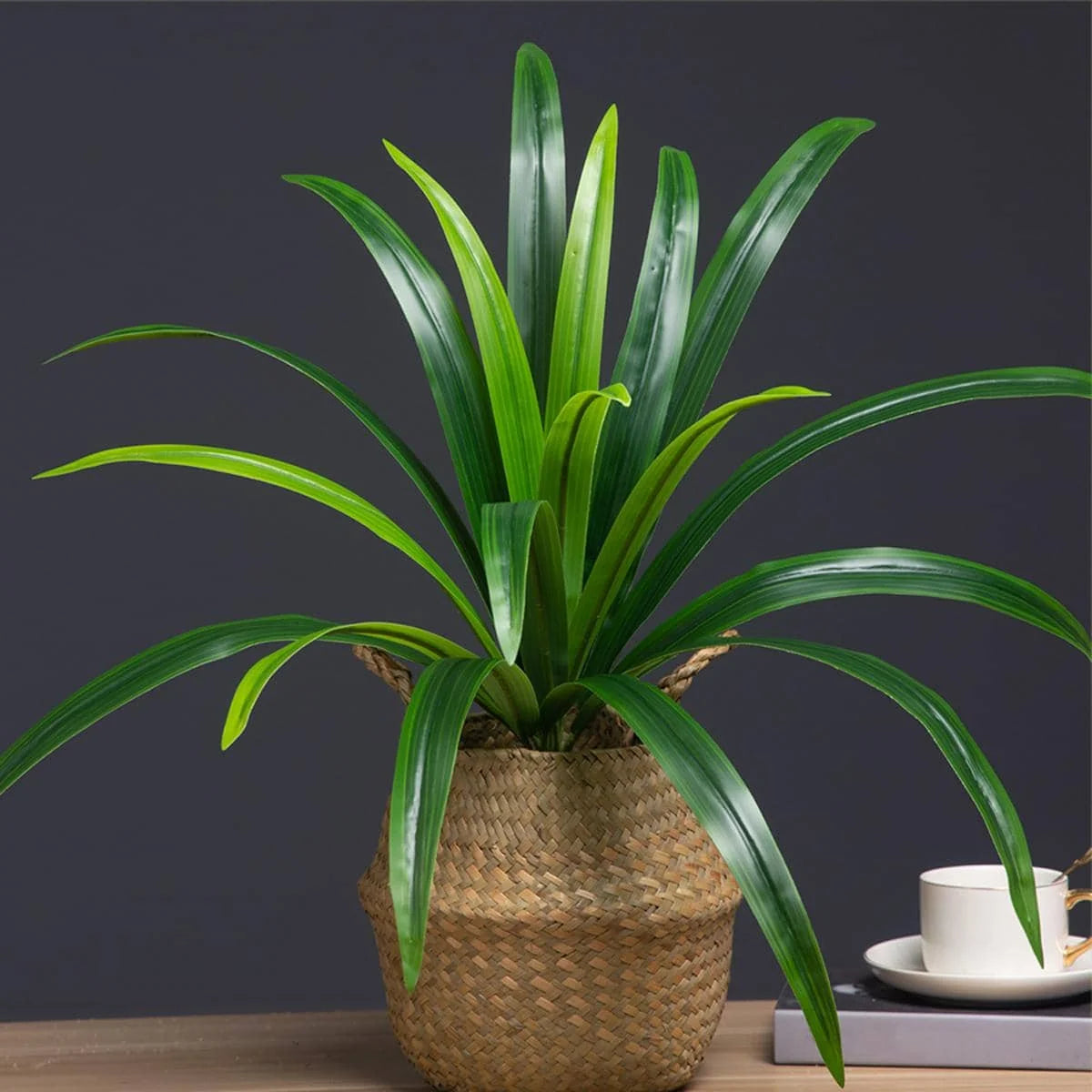 Mağazam Artificial Potted Plant with Lush Green Leaves in a Woven Basket for Home Decor