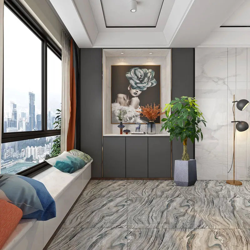 Modern living room interior design featuring elegant marble flooring and contemporary artwork