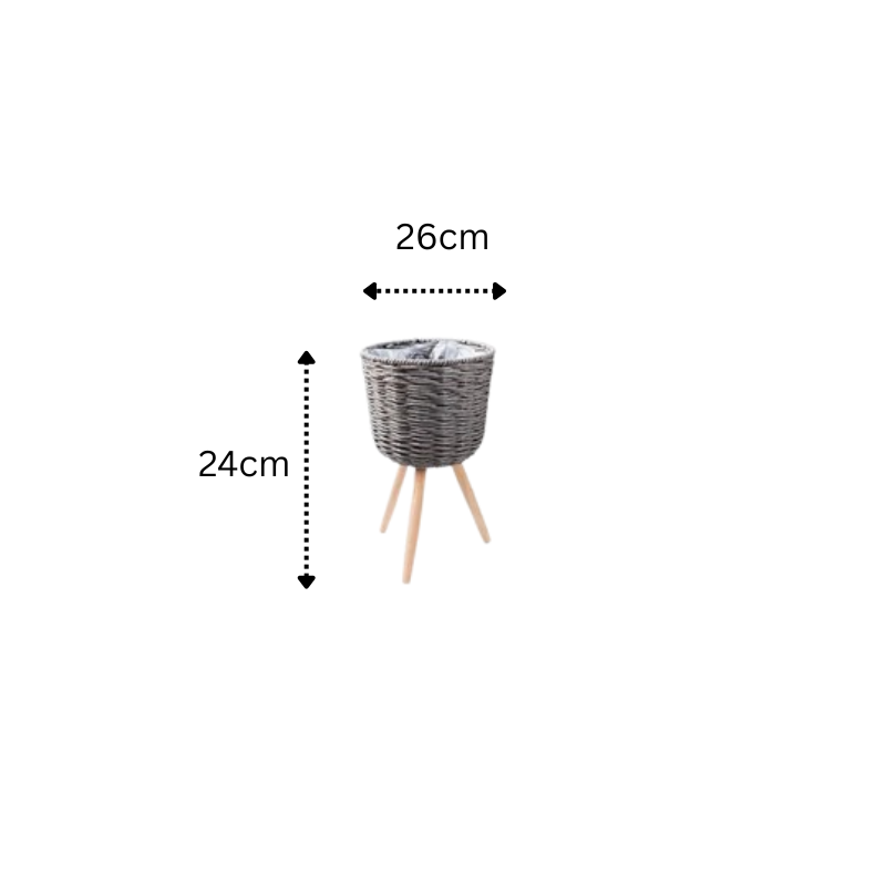 Grey Woven Plant Basket with Wooden Stand, 26cm Diameter and 24cm Height