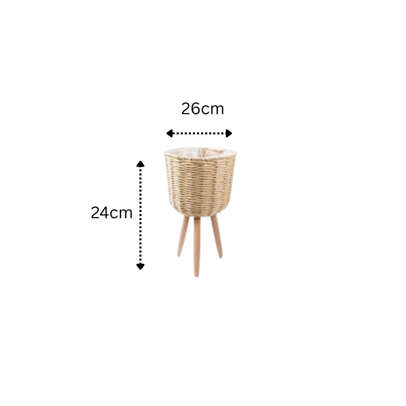 Natural Wicker Plant Pot on Wooden Legs, 26cm Wide and 24cm Tall for Indoor Decor