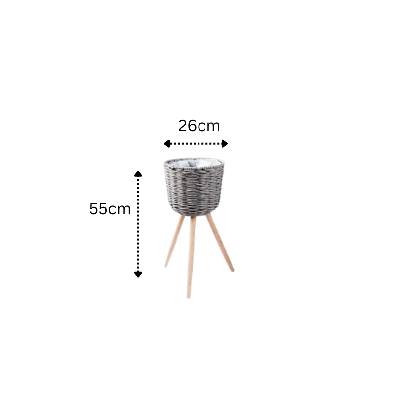 Grey Wicker Plant Pot with Wooden Stand, 55cm Height and 26cm Diameter