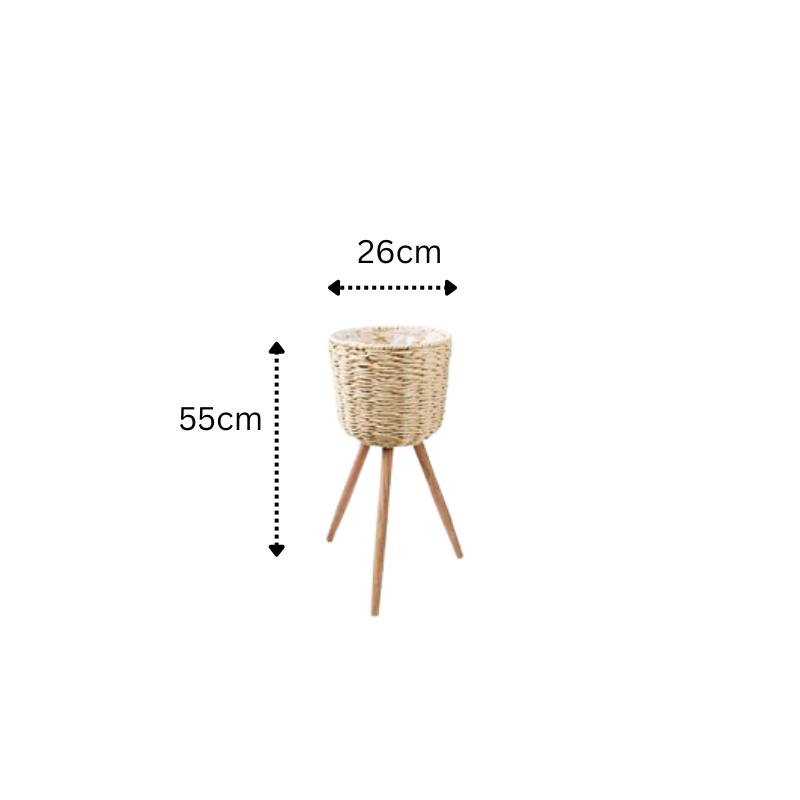 Rattan Plant Pot Stand with Wooden Legs, 55cm Height and 26cm Diameter