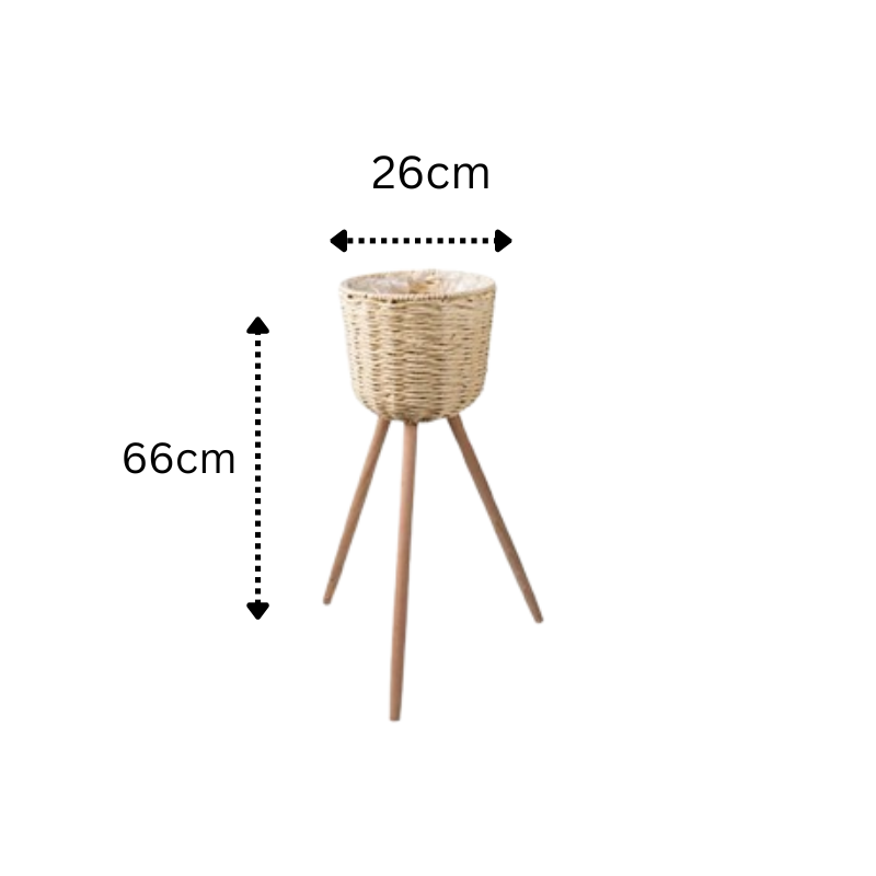 Tall Woven Planter Stand with Three Wooden Legs, 66cm Height and 26cm Width