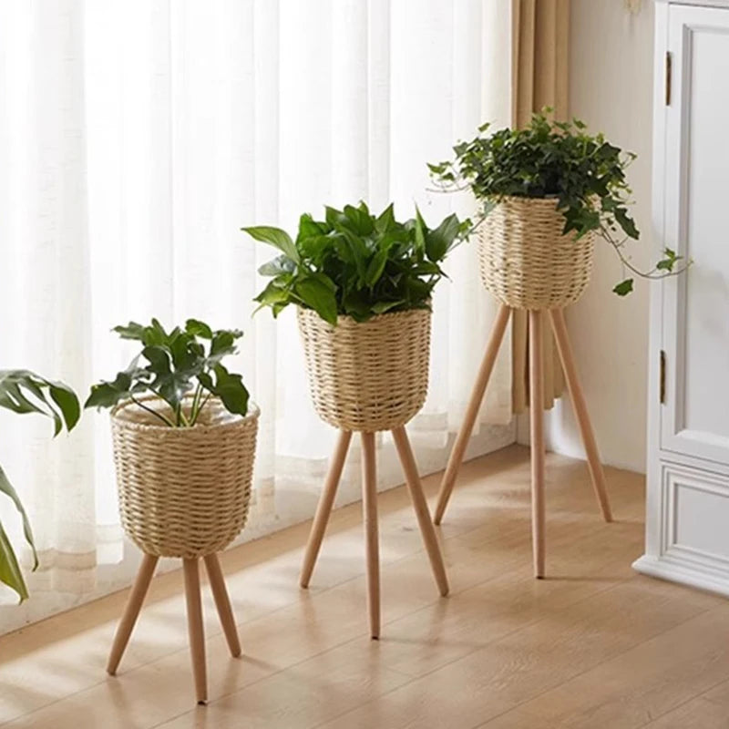 Woven Plant Stand Set with Wooden Legs for Indoor Plants in Natural Look