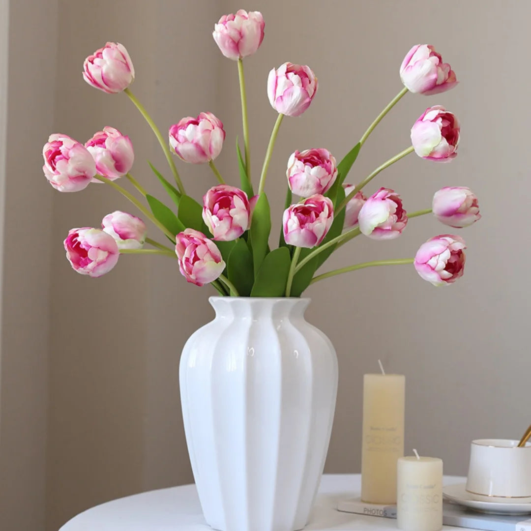 Artificial Pink Tulip Bouquet in a White Vase for Home Decor and Floral Arrangements