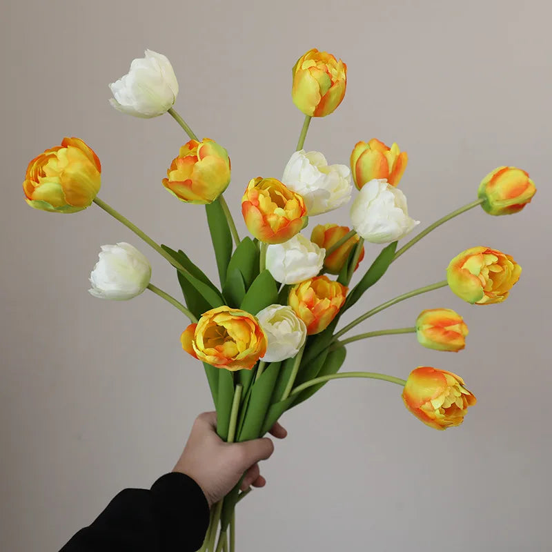 Vibrant artificial tulip bouquet featuring yellow and white blooms for home decoration