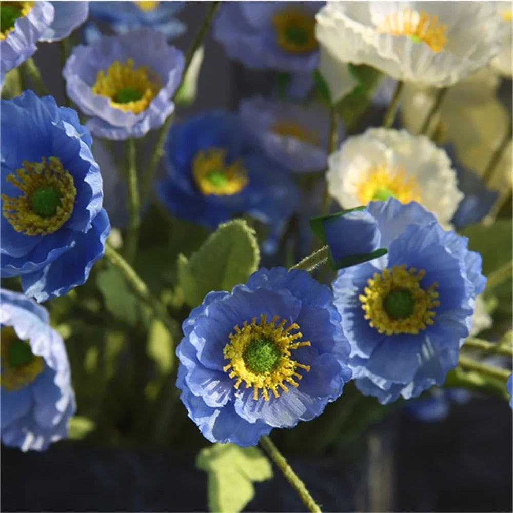 Artificial Blue and White Flowers with Green Leaves for Home Decor