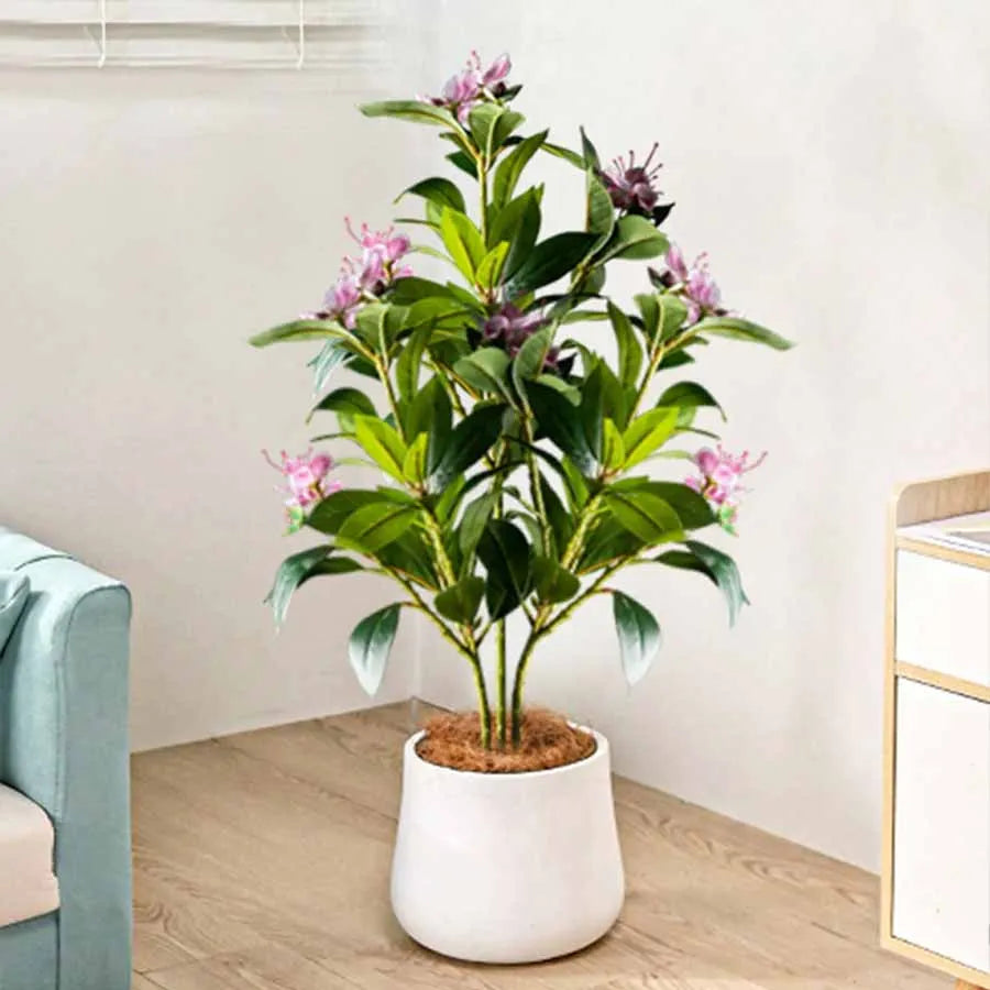 Artificial Flowering Plant in White Pot for Home Décor by Mağazam with Lush Green Leaves
