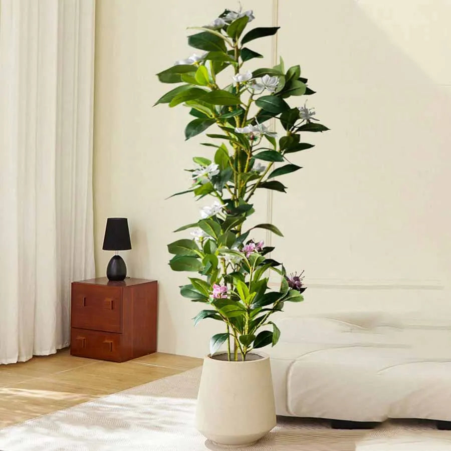 Faux Potted Indoor Plant with Green Leaves and White Flowers for Home Decor