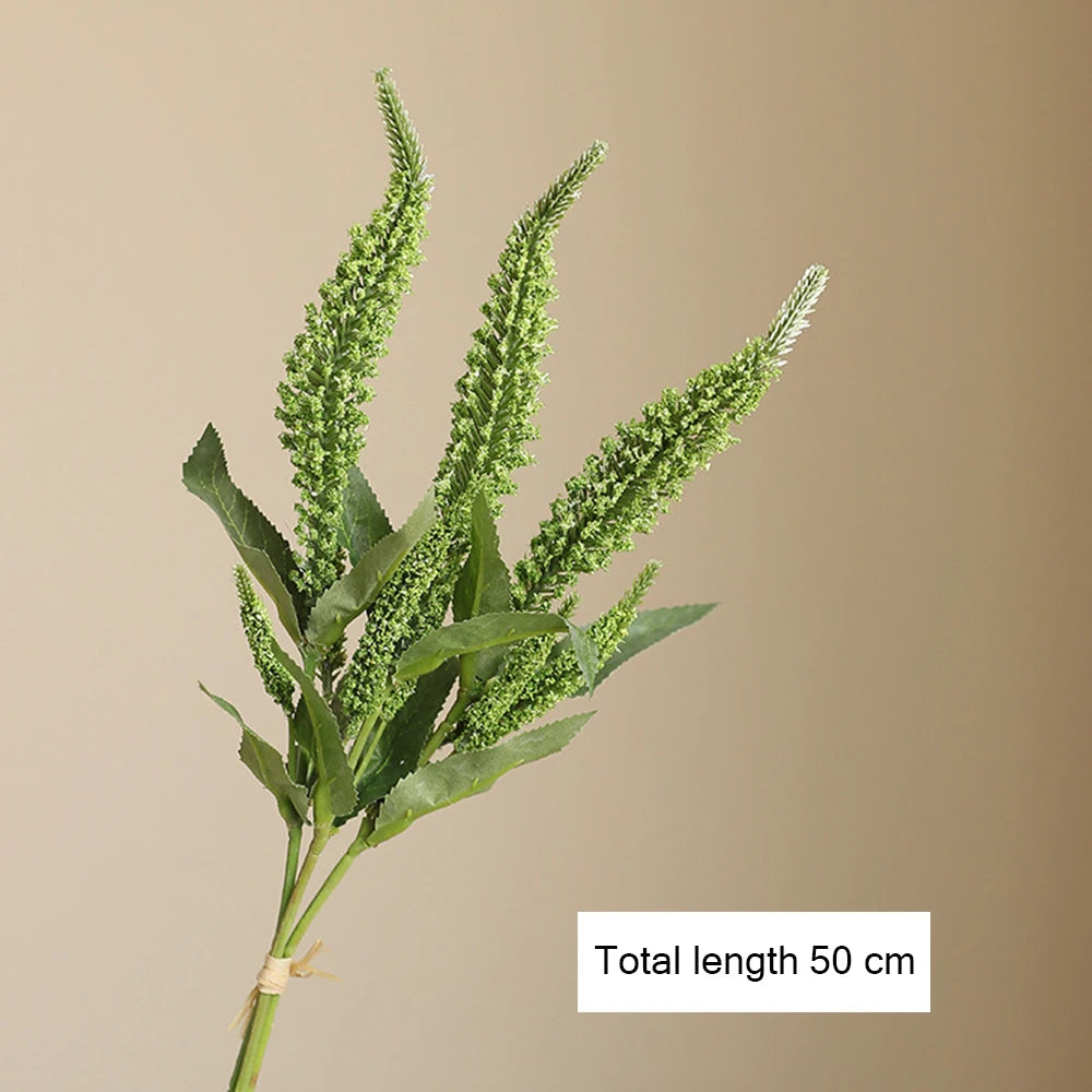 Artificial Green Plant Stem with Long Leaves and Textured Flowers, 50 cm in Total Length for Home Decor