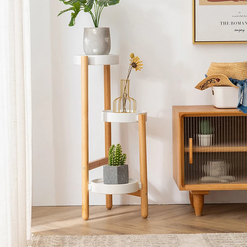 Nordic solid wood plant shelves with three tiers, perfect for indoor greenery display
