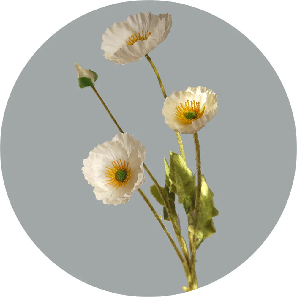 Artificial white poppy flower bouquet with realistic petals and green leaves from Mağazam