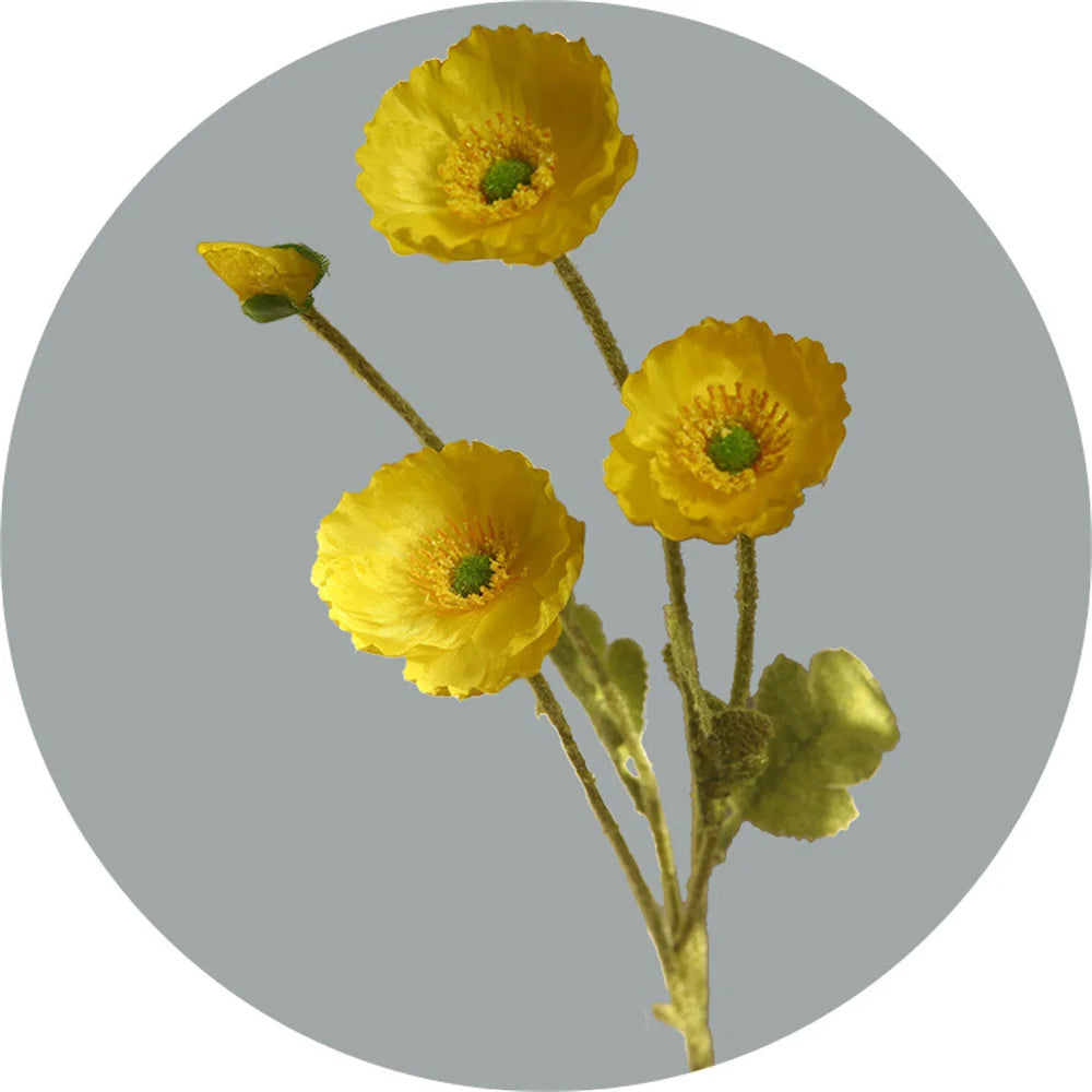 Artificial Yellow Poppy Flower Stem with Lifelike Petals and Green Center for Home Decor