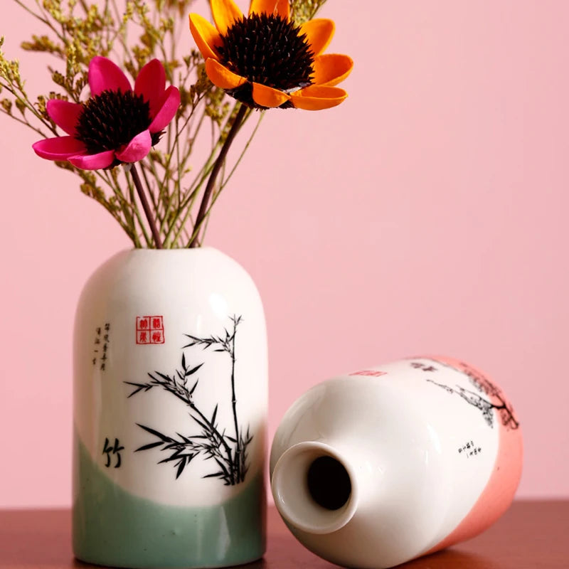 Mağazam vintage small flower vase with colorful flowers and bamboo design for home decor